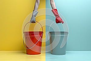 A rubber-gloved hand holds an empty plastic bucket on a colored background