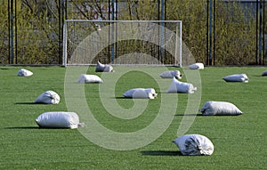 Rubber granule sacks prepared for soccer field with artificial grass. Shot in summer 2020 in Chelyabinsk, Russia.