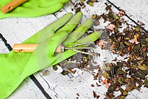 Rubber green safety gloves hand shovel and gardening rake on wooden board agriculture concept