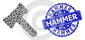 Rubber Hammer Round Watermark and Recursive Hammer Icon Mosaic