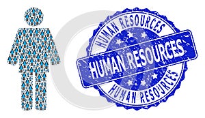 Rubber Human Resources Round Seal and Fractal Worker Person Icon Collage