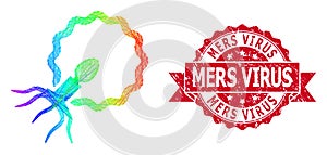 Rubber Mers Virus Stamp Seal and Rainbow Hatched Virus Penetrating Cell