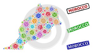 Rubber Morocco Seals and Colored Bacilla Morocco Map Composition