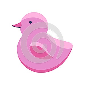 Rubber pink duck bath toy in flat style isolated on white background. Vector illustration. Cute baby bathing toy. Icon of toys