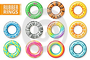 Rubber rings. Swimming inflatable kids toys, float colorful lifesaver ring. Realistic vector set