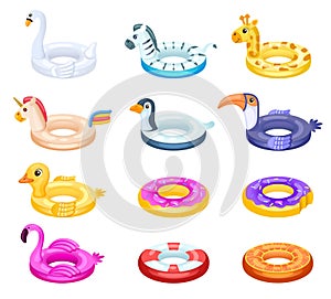 Rubber rings. Swimming ring, inflatable lifesaver for pool. Isolated sea rescue floater, unicorn, donut and duck. Vector