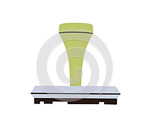 Rubber stamp with handle. Ink seal, rectangle stamper side view. Office tool, stationery. Flat vector illustration