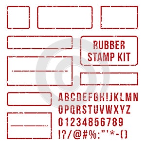 Rubber stamp letters. Red stamps frame and letterpress symbols with font numbers. Marks kit vector set