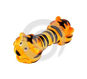 Rubber toy for dogs isolated on white background. It`s a tiger-bone toy. You will have a lot of fun with it and playing