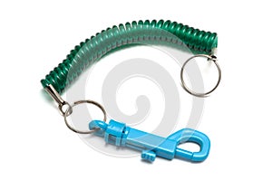 A rubber wrapped steel secure loop chain with blue plastic quick release clasp hook