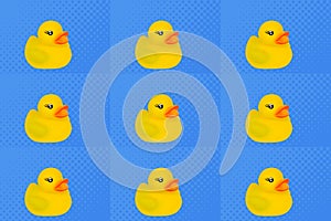 rubber yellow baby ducks for swimming in pop art style on background, concept of mass culture aimed at entertainment, nine colored