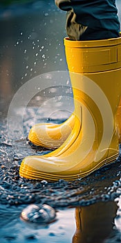 Rubber yellow boots close-up and rain. Vertical photo. Fall and seasonal bad weather.