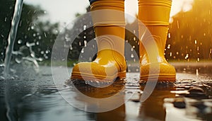 Rubber yellow boots close-up and rain. Washing dirty rubber boots. Horizontal photo. Fall and seasonal bad weather.