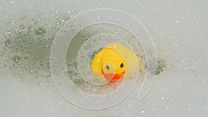 Rubber yellow duck toy floats in water in bath with foam