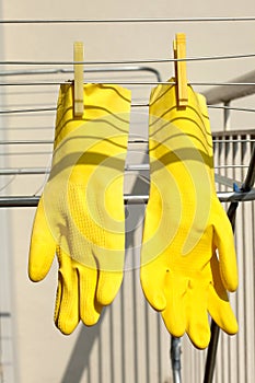 Rubber yellow gloves hang on to dry on the clotheshorse photo