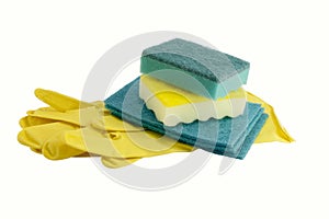 Rubber yellow gloves and sponges for washing