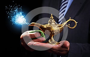 Rubbing magic Aladdins genie lamp