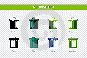 Rubbish bin icon in different style. Rubbish bin vector icons designed in outline, solid, colored, filled, gradient, and flat