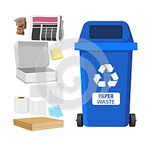 Rubbish bin for recycling different types of waste. Garbage container for paper trash vector infographics