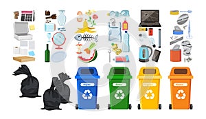 Rubbish bins for recycling different types of waste. Garbage containers. Environmental conservation vector infographics