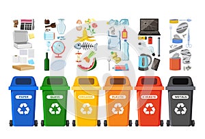 Rubbish bins for recycling different types of waste. Garbage containers vector infographics photo
