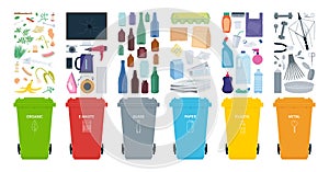 Rubbish bins for recycling different types of waste. Sort plastic, organic, e-waste, metal, glass, paper. Vector illustration.