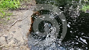 Rubbish and pollution in the river spoiling the environment. Black stream