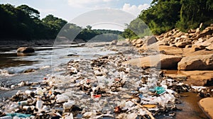 Rubbish scattered in dry river