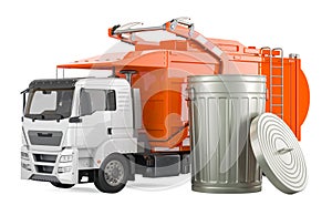 Rubbish Truck with large metallic garbage trash can. 3D rendering