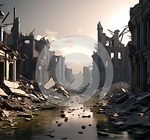 Rubble Resilience: 3D Render of a Destroyed Building on a Solid Background