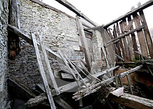 rubble and the ruins of the house destroyed by powerful earthqu