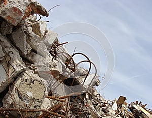 Rubble and twisted metal skyline on a demolition site