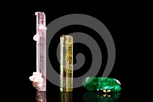 Rubellite, green and yellow Tourmaline, group of three mineral s