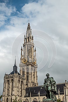 Rubens Statue and Cathedral of Our Lady, Antwerp Belgium.