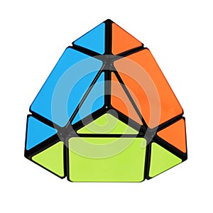 Rubik`s pyramid looking cube called pyraminx used for speedsolving. Nostalgic and retro toy from the 80`s
