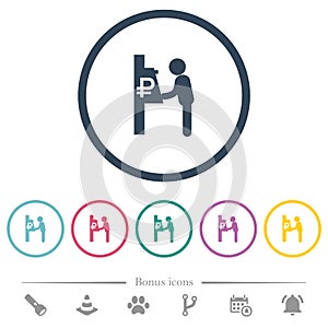 Ruble cash machine flat color icons in round outlines