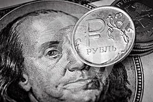 Ruble coin vs US dollar bill, money of Russia and USA