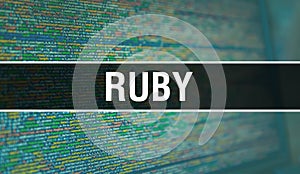 RUBY with Binary code digital technology background. Abstract background with program code and RUBY. Programming and coding