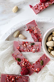 Ruby chocolate with fruits and pistachios