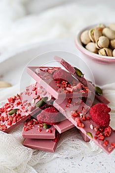 Ruby chocolate with fruits and pistachios