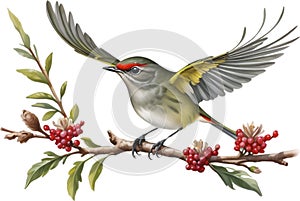 Ruby-crowned kinglet bird. Bird clipart. AI-generated.