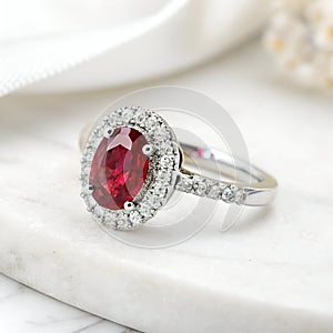 Ruby and Diamond Ring on White Gold Isolated on White Background