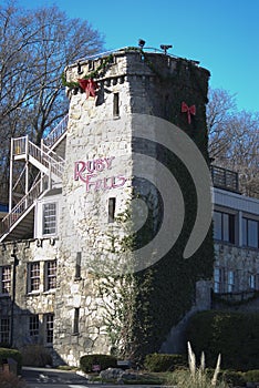 Ruby Falls sign on stone at Christmas in Tennessee.