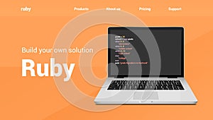 Ruby programming code technology banner. Ruby language software coding development website design