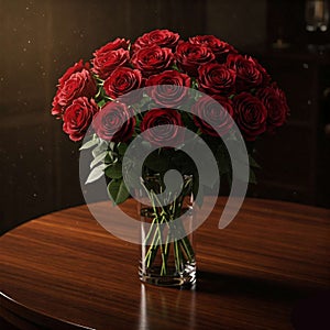 Ruby Radiance on Polished Wood AI-GENERATED photo