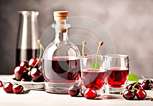 Ruby-red cherry liqueur elegantly poured into delicate glasses.