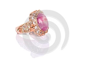 Ruby Sapphire and Diamond Jewel or gems ring on white background with reflection. Collection of natural gemstones accessories.