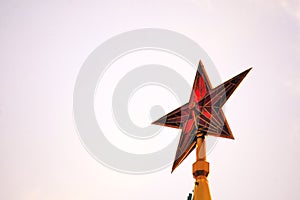 Ruby star on the top of Spasskaya Saviors clock tower of Moscow Kremlin. Color photo