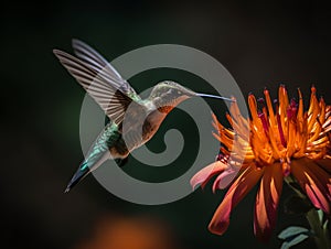 Ruby-throated Hummingbird (archilochus colubris) in flight. Made with Generative AI