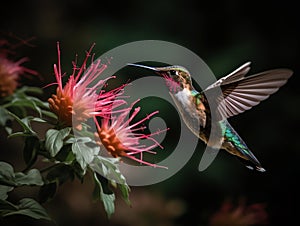 Ruby-throated Hummingbird (archilochus colubris) in flight with orange flowers in background. Made with Generative AI